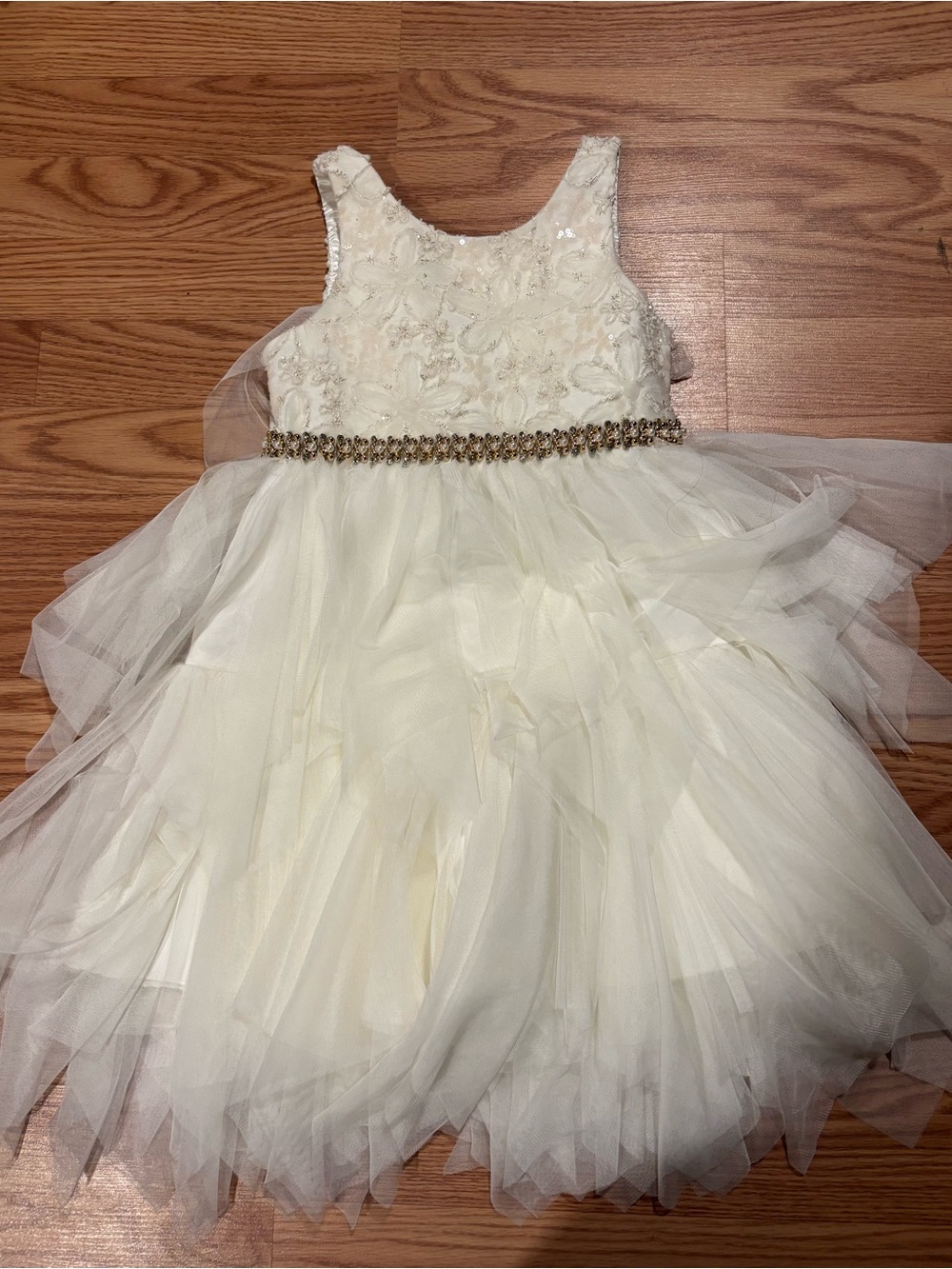 American Princess Cream Tulle Party Dress with Beaded Gold Waist size 6X / 7